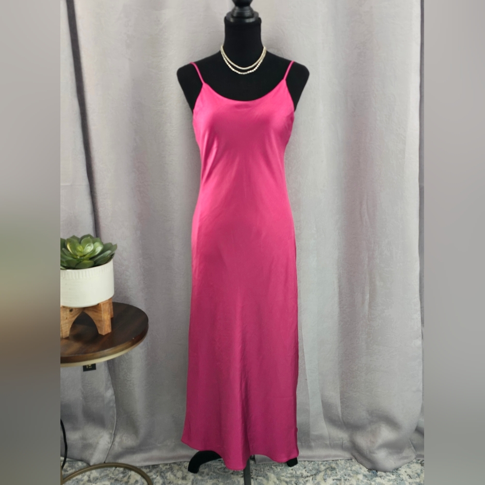 Lumiere Makena Magenta Satin Midi Slip Dress, Size Small, NWOT